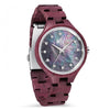 WILD CLOUD ZN20 – Women's purpleheart wood watch with black mother-of-pearl dial, front view